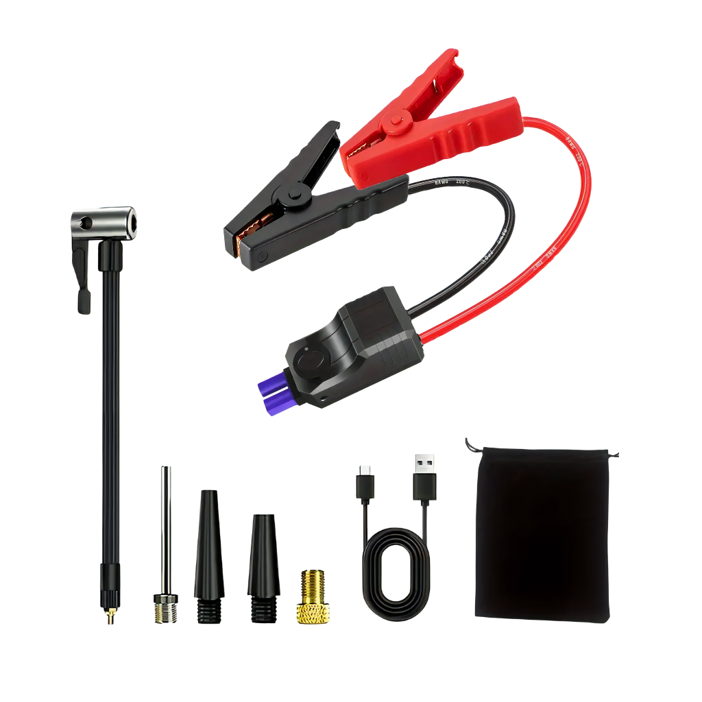 7 u 1 Auto Starter i Kompresor - Detekcija pritiska, Power Bank, LED lampa, Nastavci za različitu primenu, Sigurnosna zaštita